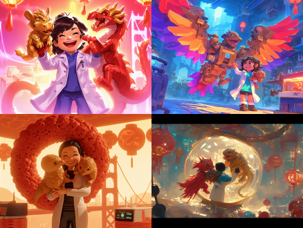 lego style, a female asian bioengineer in lab coat holding a small scaled dragon with pangolin-like armor (brown, mammalian) on her shoulder, a larger red-gold feathered dragon with folded wings (like a winged corgi) playfully tugging her coat, glowing bioprinting chamber with dragon embryo visible in background, golden gate bridge and chinese new year lanterns in foggy distance, vibrant red and gold color scheme, intricate biological details, digital painting style by jama jurabaev and kekai kotaki, sci-fi meets mythical, dynamic composition, 4:3 aspect ratio