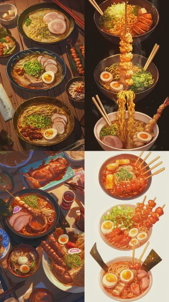 我现在要做火鸡面拌炸串的产品宣传动图，其中火鸡面是主打产品一有有三款套餐，所有套餐中的配菜都有生菜，青椒，鱼豆腐，面筋。三款中第一款是纯素的，还额外有淀粉肠，炸烤冷面皮；第二款是基础有肉的，还有烤肠，面饼；第三款不仅有烤肠，还有鸡柳，肉筋串，炸烤冷面皮#####请将每款产品生成四张宣传图