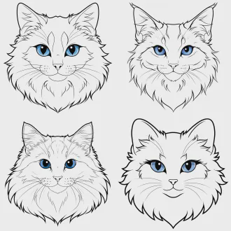 a front-facing cute and elegant female ragdoll cat head, symmetrical composition, beautiful big blue eyes, soft fluffy fur texture, delicate clean line art, cartoon style, minimal and graceful, black outlines on white background, perfect for packaging design, high-quality vector illustration feel, no shading, flat design.