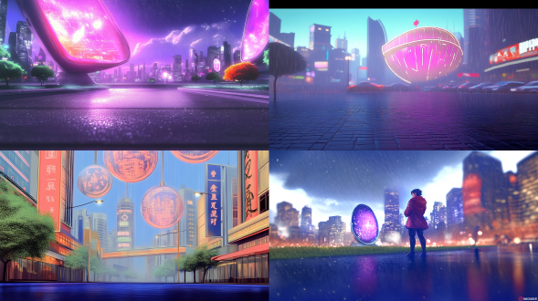 "游戏背景，未来科技城市，霓虹灯光，赛博朋克风格，高耸建筑，全息投影，雨夜街道，动态模糊，暗色调与荧光色对比，广角镜头，低角度拍摄，景深效果，雾气弥漫，数字元素漂浮，强烈氛围感，科幻感十足，紧张而神秘。"