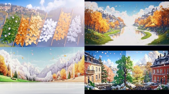 四季游戏活动背景图，春景绿意盎然，樱花飘落，夏景阳光灿烂，海滩派对，秋景金黄落叶，果园丰收，冬景白雪皑皑，圣诞集市，等高线布局，明亮色调，广角镜头，自然光，动态视角，节日装饰，欢乐氛围。 森林