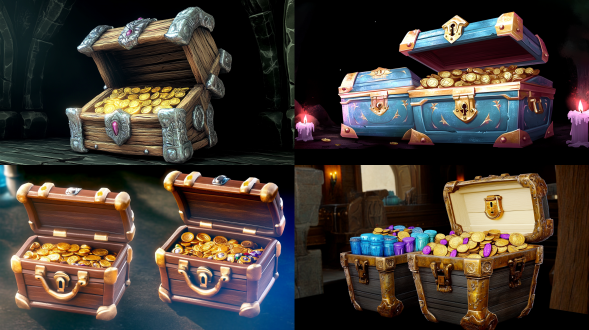 开启的宝箱金光四溢，内部装满金币珠宝，华丽的装饰细节，中世纪风格，精致的金属雕刻，暗色木质纹理，关闭的宝箱神秘感，古老铜锁，环境幽暗地牢，柔和的烛光，侧面视角，写实渲染，高细节，金属反光，华丽雕刻，暗色调，神秘氛围