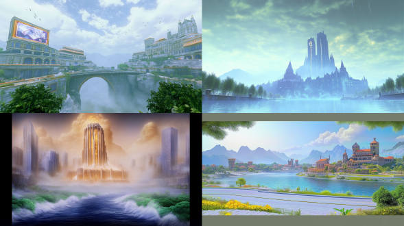 游戏背景设计，史诗奇幻风格，宏大场景，城堡与山脉交融，细节丰富，层次分明，暗色调为主，点缀金色光芒，广角镜头，电影级光影，动态云层，雾气缭绕，神秘感，古老符文雕刻，哥特式建筑，3d渲染，高分辨率，深邃远景，戏剧性氛围。