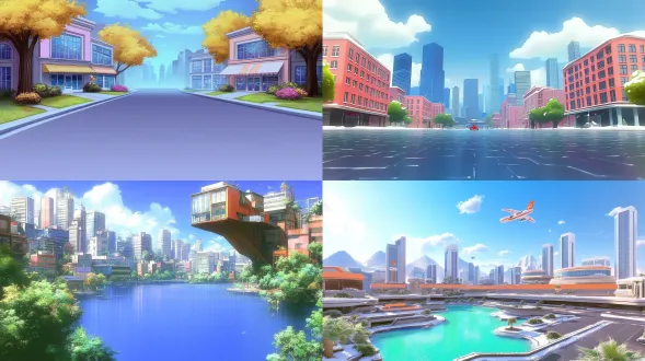 根据参考图设计游戏背景，鲜亮，建筑物