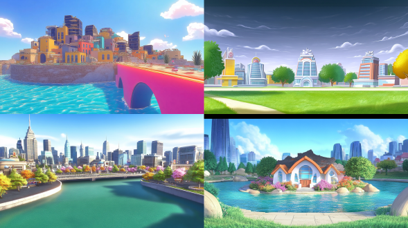 根据参考图设计游戏背景，鲜亮，建筑物，风格跟参考图一样