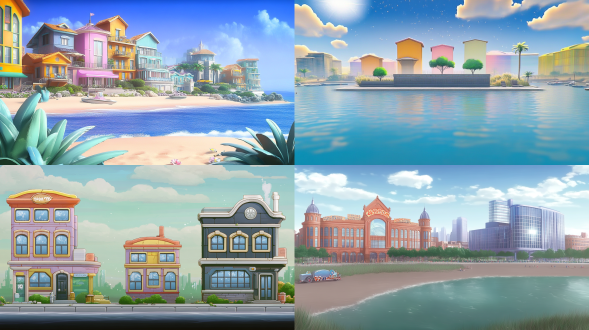 根据参考图设计游戏背景，鲜亮，建筑物，风格跟参考图一样，前面有岸