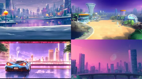 根据参考图设计游戏背景，鲜亮，建筑物，风格跟参考图一样，偏紫色系