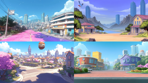 根据参考图设计游戏背景，鲜亮，建筑物，风格跟参考图一样，偏紫色系