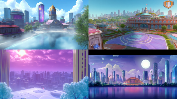 根据参考图设计游戏背景，鲜亮，建筑物，风格跟参考图一样，偏紫色系，现代建筑