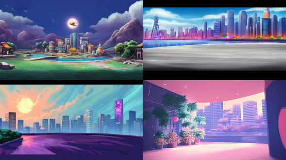 根据参考图设计游戏背景，鲜亮，建筑物，风格跟参考图一样，偏紫色系，现代建筑