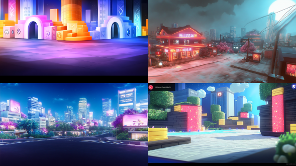 根据参考图设计游戏背景，鲜亮，建筑物，风格跟参考图一样，偏紫色系，现代建筑