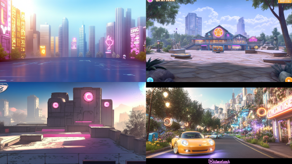 根据参考图设计游戏背景，鲜亮，建筑物，风格跟参考图一样，偏紫色系，现代建筑，霓虹灯