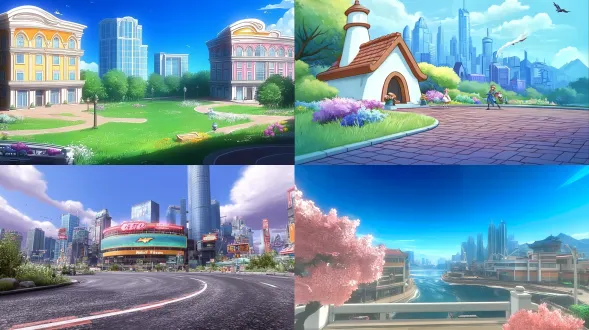 根据参考图设计游戏背景，鲜亮，建筑物，风格跟参考图一样