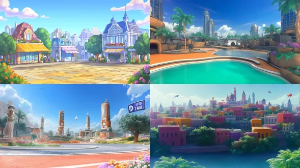 根据参考图设计游戏背景，鲜亮，建筑物，风格跟参考图一样