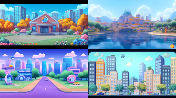 根据参考图设计游戏背景，鲜亮，建筑物，风格跟参考图一样，q版
