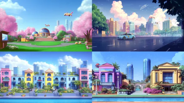 根据参考图设计游戏背景，鲜亮，建筑物，风格跟参考图一样，q版