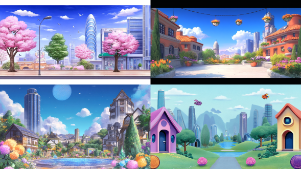 根据参考图设计游戏背景，鲜亮，建筑物，风格跟参考图一样，q版