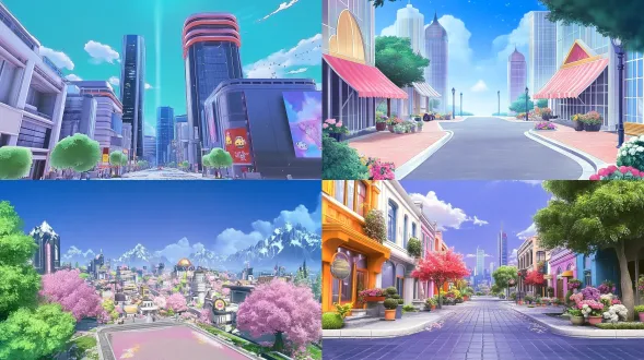 根据参考图设计游戏背景，鲜亮，建筑物，风格跟参考图一样，q版