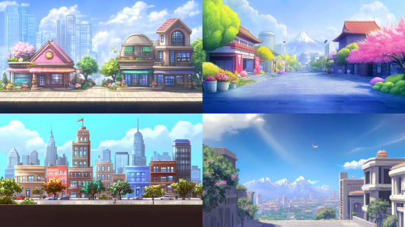 根据参考图设计游戏背景，鲜亮，建筑物，风格跟参考图一样，q版