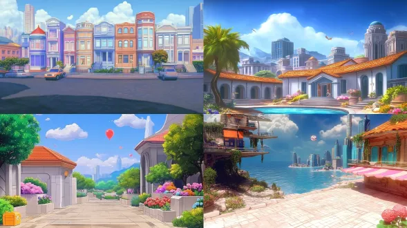 根据参考图设计游戏背景，鲜亮，建筑物，风格跟参考图一样，q版