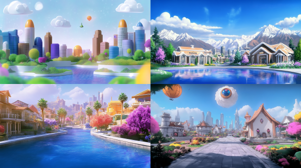 根据参考图设计游戏背景，鲜亮，建筑物，风格跟参考图一样，q版