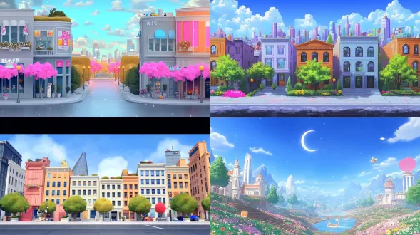 根据参考图设计游戏背景，鲜亮，建筑物，风格跟参考图一样，q版