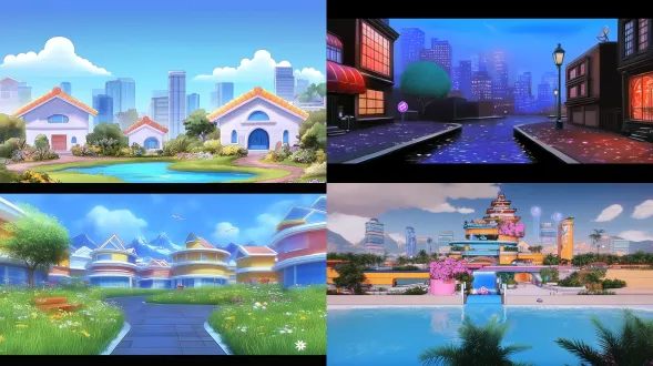 根据参考图设计游戏背景，鲜亮，建筑物，风格跟参考图一样，q版