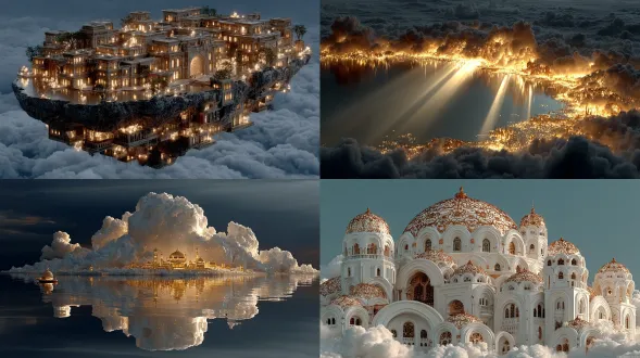 a floating city made of crystal and gold, **dramatic lighting**, **volumetric lighting**, sunlight piercing through clouds, intricate architecture, futuristic luxury, ultra-detailed, hyperrealism, trending on artstation