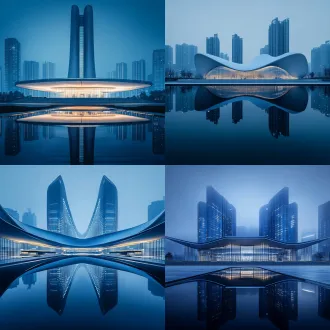 低位远景，湖州地标建筑，城市景观，蓝色调，通透层次感，8k高清，3d渲染，广角镜头，俯拍视角，现代建筑群，水面倒影，薄雾效果，冷色调，高动态范围，几何线条，对称构图，环境光，黄昏氛围，宁静感，未来感，极简主义，城市天际线
