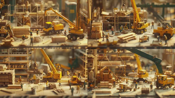 miniature craftsmen assembling furniture in an industrial workshop, yellow crane hoisting wooden planks, mini forklift transporting screws and tools, cement mixer polishing wood, scaffolding workers painting, conveyor belts delivering parts, highly detailed, ultra-realistic, cinematic lighting, warm tones, surrealism, hyper-detailed, 8k, sharp focus, cinematic atmosphere, industrial precision combined with handcraft details