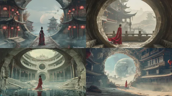 超现实东方玄幻史诗级大全景, 巨大的环形解构福建客家土楼融合唐代宫殿建筑,上下倒置的闭环镜像折叠空间,水面完美对称镜面级倒影，天圆地方的东方宇宙世界观, 一条延伸向画面中心的中式石质栈道，栈道上站着一个身着正红色古风长裙的女子沙小背影。人物与宏大建筑形成拟致尺度反差。对角线鱼眼超广角镜头。fpv第一人称穿越机推进视角,中心对称透视构图,极致纵深感, 低机位仰拍,180度超广视野,强烈桶形琦变,包裹式画框感,新中式超现实主义美学，东方玄幻国风，大鱼海棠经典视觉风格，清冷高级电影感，中式水墨氛围感, 数字艺术，unreal engine5染，oc染, 柔和漫射天光，云层弥散的朦胧光影。冷灰青蓝色调为基底，高饱和度正红色为视觉锚点，冷暖强烈对比，建筑内暖光灯火点缀，漫天悬挂的中式红灯笼，雾气的绿纱仙境感，极致精细的飞檐斗拱与雕花栏杆建筑细节