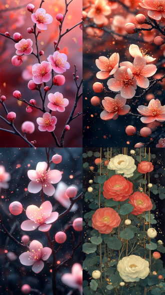 绘制一幅和风华丽风格的花卉插画，背景为浓郁的正红色；画面主体是开满白色 / 淡粉色花朵的花枝（花瓣轻柔、花蕊呈淡黄色），枝桠间点缀圆润的粉白色果实；整体色调融合淡粉、浅金、灰紫等柔和色系，加入大量金箔纹理、金粉泼溅的细节，营造复古华贵的质感；线条朦胧柔和，带有水彩晕染的通透感，整体氛围精致且富有层次。不要字的