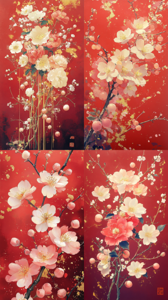 绘制一幅和风华丽风格的花卉插画，背景为浓郁的正红色；画面主体是开满白色 / 淡粉色花朵的花枝（花瓣轻柔、花蕊呈淡黄色），枝桠间点缀圆润的粉白色果实；整体色调融合淡粉、浅金、灰紫等柔和色系，加入大量金箔纹理、金粉泼溅的细节，营造复古华贵的质感；线条朦胧柔和，带有水彩晕染的通透感，整体氛围精致且富有层次。不要字的