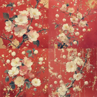 绘制一幅和风华丽风格的花卉插画，背景为浓郁的正红色；画面主体是开满白色 / 淡粉色花朵的花枝（花瓣轻柔、花蕊呈淡黄色），枝桠间点缀圆润的粉白色果实；整体色调融合淡粉、浅金、灰紫等柔和色系，加入大量金箔纹理、金粉泼溅的细节，营造复古华贵的质感；线条朦胧柔和，带有水彩晕染的通透感，整体氛围精致且富有层次。不要字的