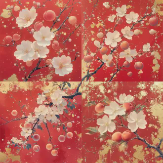 绘制一幅和风华丽风格的花卉插画，背景为浓郁的正红色；画面主体是开满白色 / 淡粉色花朵的花枝（花瓣轻柔、花蕊呈淡黄色），枝桠间点缀圆润的粉白色果实；整体色调融合淡粉、浅金、灰紫等柔和色系，加入大量金箔纹理、金粉泼溅的细节，营造复古华贵的质感；线条朦胧柔和，带有水彩晕染的通透感，整体氛围精致且富有层次。不要字的，不要桃子