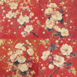绘制一幅和风华丽风格的花卉插画，背景为浓郁的正红色；画面主体是开满白色 / 淡粉色花朵的花枝（花瓣轻柔、花蕊呈淡黄色），枝桠间点缀圆润的粉白色果实；整体色调融合淡粉、浅金、灰紫等柔和色系，加入大量金箔纹理、金粉泼溅的细节，营造复古华贵的质感；线条朦胧柔和，带有水彩晕染的通透感，整体氛围精致且富有层次。