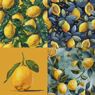 扁平插画，柠檬和绿叶，明亮的黄色背景，颗粒质感，现代平面设计风格，鲜艳色彩，大胆的形状，夏日清新感，矢量艺术，肌理质感