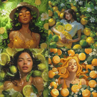 画面保持了参考图的垂直堆叠构图,极小的黄人女性角色俏皮地躺在巨大的柠檬切片上,周围环绕着新鲜的柠檬片、青柠片和热带绿叶,整体布局集中在画面下半部分,营造出丰盛充实的感觉。背景采用明亮的绿色搭配白色茉莉花朵点缀,保持了清爽活力的夏日氛围,符合专业包装设计的审美要求。