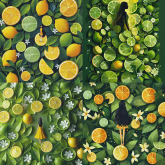一个夏日清新主题的扁平风矢量插画。画面采用了垂直堆叠的构图结构,将极小的黄人女性角色俏皮地放置在巨大的柠檬切片上,周围环绕着新鲜的柠檬片、青柠片和热带绿叶,整体布局集中在画面下半部分,营造出丰盛充实的感觉。背景采用明亮的绿色搭配白色茉莉花朵点缀,保持了参考图的视觉层次和平衡感,整体呈现出清爽活力的夏日氛围,符合专业包装设计的审美要求。