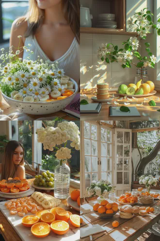 photorealistic warm sunlit kitchen countertop, soft dappled tree shadows cast on light oak wood table, natural morning sunlight streaming through window, cozy minimalist home interior, fresh white wildflowers in clear glass vase, bowl of green fruits, plate with oranges, sliced banana, small cake, spiral notebook on table, warm neutral tones, soft focus, shallow depth of field, 8k, ultra-detailed, professional food photography, cinematic lighting, shot on sony a7r iv, 50mm f/1.8 lens, high dynamic range, warm color grading, tranquil and peaceful atmosphere,