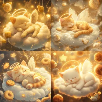 a lovely cartoon cat angel with tiny wings and a halo, sleeping peacefully on a soft cloud in the sky. it is surrounded by glowing stars, fish-shaped cookies, and balls of yarn. the style is soft, dreamy, and heartwarming, with a warm golden light. digital art, 4k, detailed and adorable.