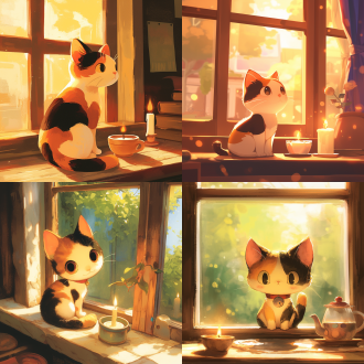 best quality, masterpiece. a cartoon calico cat in a cute pose, looking back at the viewer with a sweet smile. it sits on a windowsill bathed in sunlight, next to a burning candle, a small bowl of milk, and its favorite toy. the atmosphere is nostalgic, peaceful, and full of love. studio ghibli style.