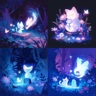 in a magical garden at night, a translucent spirit of a cartoon cat plays with a glowing butterfly. lush flowers and fireflies illuminate the scene. a small memorial stone with a paw print sits nearby. the style is whimsical, ethereal, and gentle, trending on artstation.