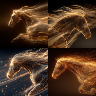 由发光流动粒子线条组成的发光马形态 极速奔跑，侧视图，金色动态光线和粒子效果，粒子线条构成的毛发，动态模糊，速度感，高噪点，细节丰富。渐变虚化梦幻光斑背景，通透，大师作品