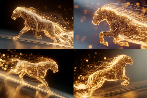 由发光流动粒子线条组成的发光马形态 极速奔跑，侧视图，金色动态光线和粒子效果，粒子线条构成的毛发，动态模糊，速度感，高噪点，细节丰富。渐变虚化梦幻光斑背景，通透，大师作品