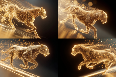 发光马形态由流动粒子线条构成，极速奔跑侧视图，金色动态光线和粒子毛发，动态模糊增强速度感，高噪点细节丰富，渐变虚化梦幻光斑背景，通透质感，大师级作品，高对比度，广角镜头，侧光，运动模糊，科技感，粒子特效，未来主义，华丽金色调，震撼视觉。