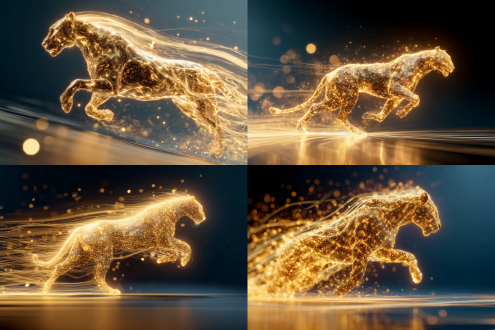发光马形态，侧视图，极速奔跑，金色动态光线，流动粒子线条构成毛发，动态模糊，高噪点，细节丰富，渐变虚化背景，梦幻光斑，通透感，大师作品，高速快门，侧光，金色与深蓝对比，科幻风格，未来感，能量流动，强烈速度感，震撼视觉。