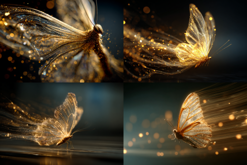 发光蝴蝶形态，极速飞奔，侧视图，金色动态光线和粒子效果，粒子线条构成的毛发，动态模糊，速度感，高噪点，细节丰富，渐变虚化梦幻光斑背景，通透，大师作品，微距镜头，浅景深，高速快门，虹光溢出，科技感，璀璨夺目，未来主义，超现实，强烈对比，光迹拖尾，高动态范围，金属质感。