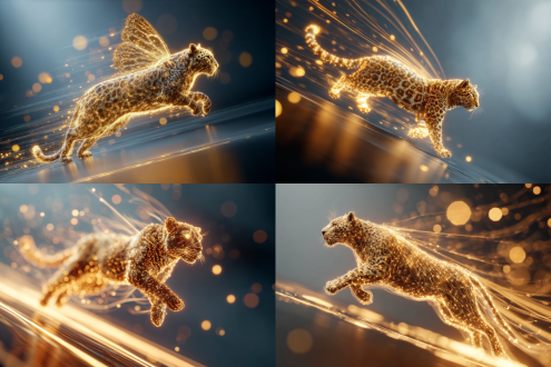 发光蝴蝶形态极速飞奔，侧视图，金色动态光线与流动粒子线条构成毛发，动态模糊，速度感强烈，高噪点细节丰富，渐变虚化梦幻光斑背景，通透感，大师级作品，微距镜头，长曝光，高对比度，冷色调与金色辉光交织，科幻未来感，粒子飞散轨迹，光影流动，超现实艺术风格