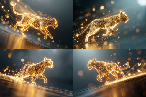 发光蝴蝶形态极速飞奔，侧视图，金色动态光线和粒子效果，粒子线条构成的毛发，动态模糊，速度感，高噪点，细节丰富，渐变虚化梦幻光斑背景，通透，大师作品，超宽动态范围，微距镜头，高对比度，冷色调，科幻风格，未来感，发光边缘，粒子轨迹，高速快门，深度虚化，优雅，神秘。